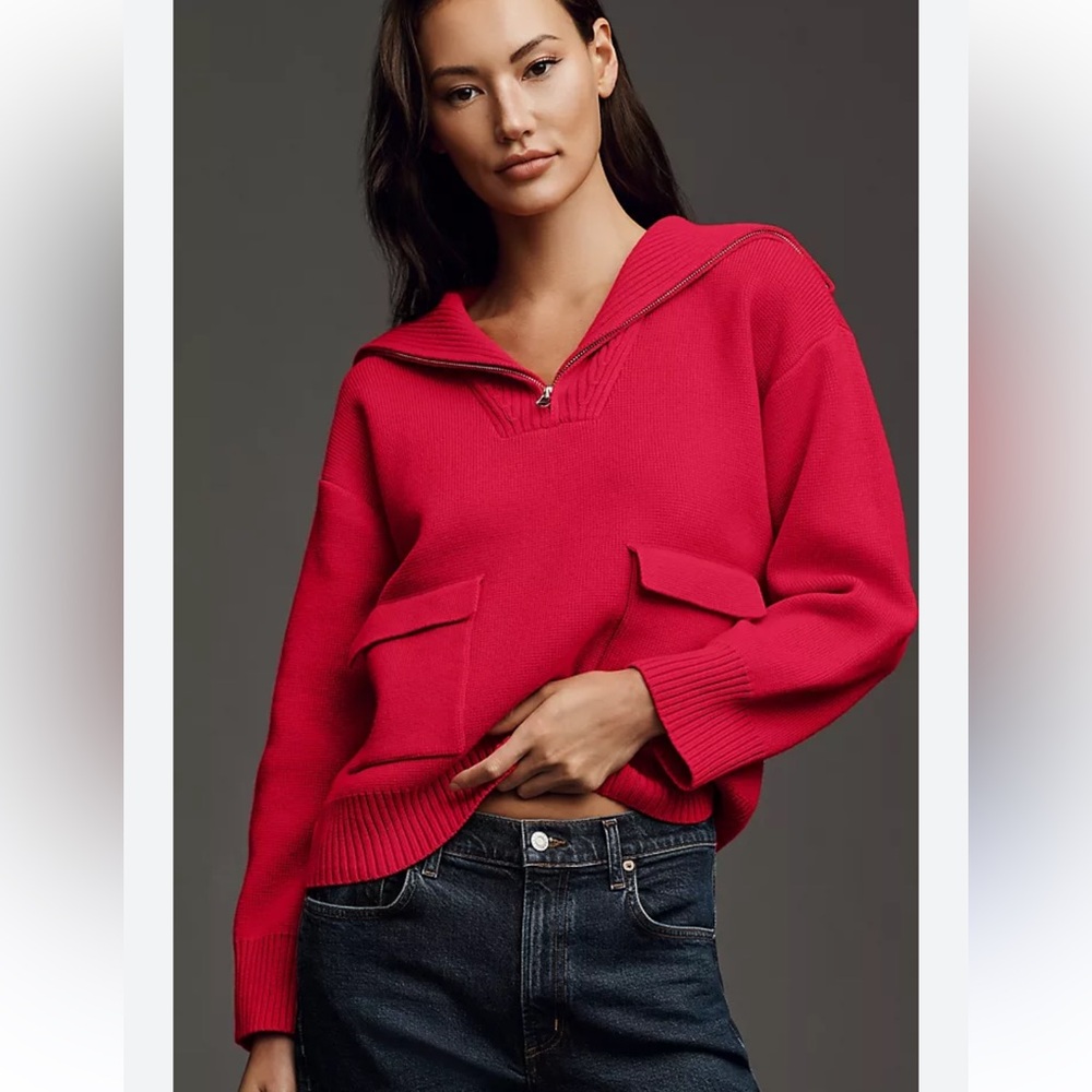 Anthropologie Red Knit English Factory Half-Zip Pullover Sweater